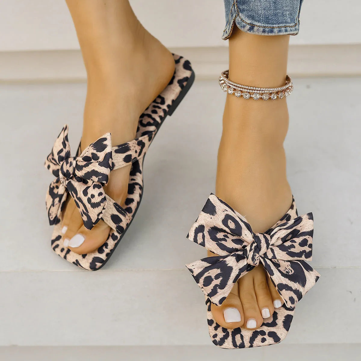 Women's bow leopard print square toe sandals with cloth upper and rubber sole in size 36 to 43