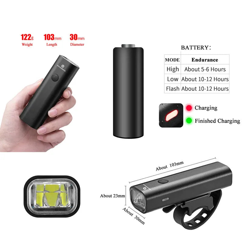 ROCKBROS aluminium alloy bicycle headlight with USB charging and three lighting modes