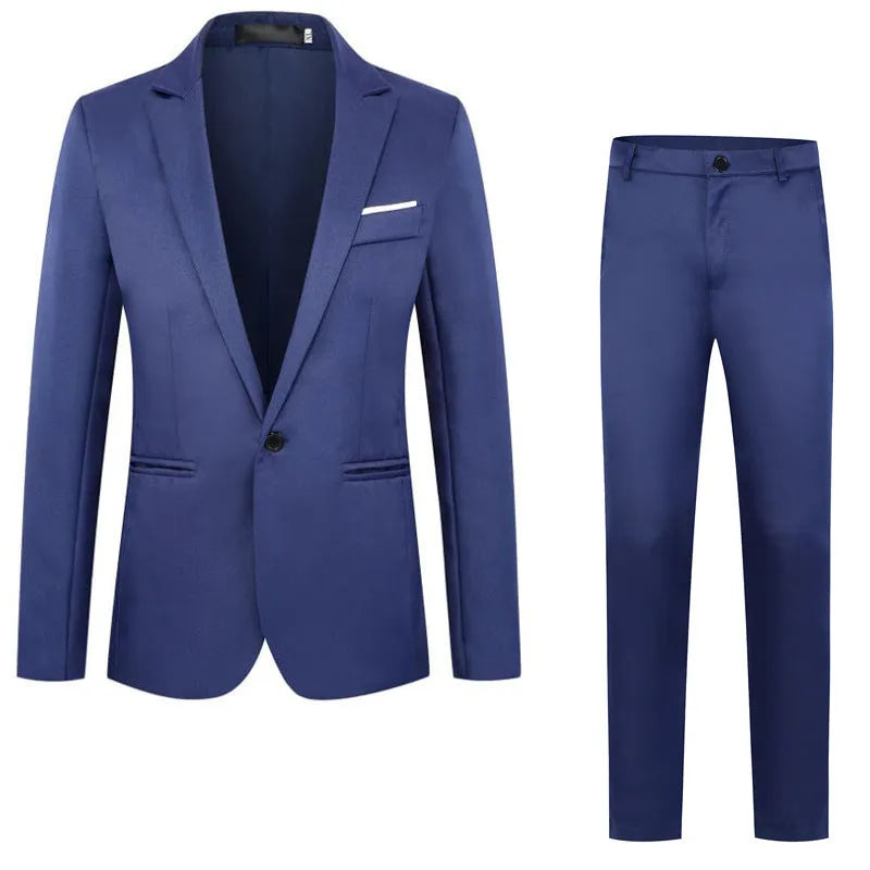 Men's loose fit suit jacket for weddings in various colours including black, blue, and wine red.