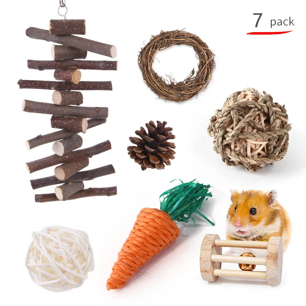 Wooden pet toy set with straw mats and woven balls for rabbits and guinea pigs