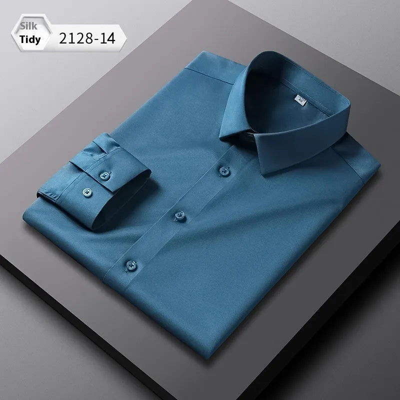 Men's elastic silk long-sleeved shirt in solid colour with non-ironing finish and breathable spandex blend fabric