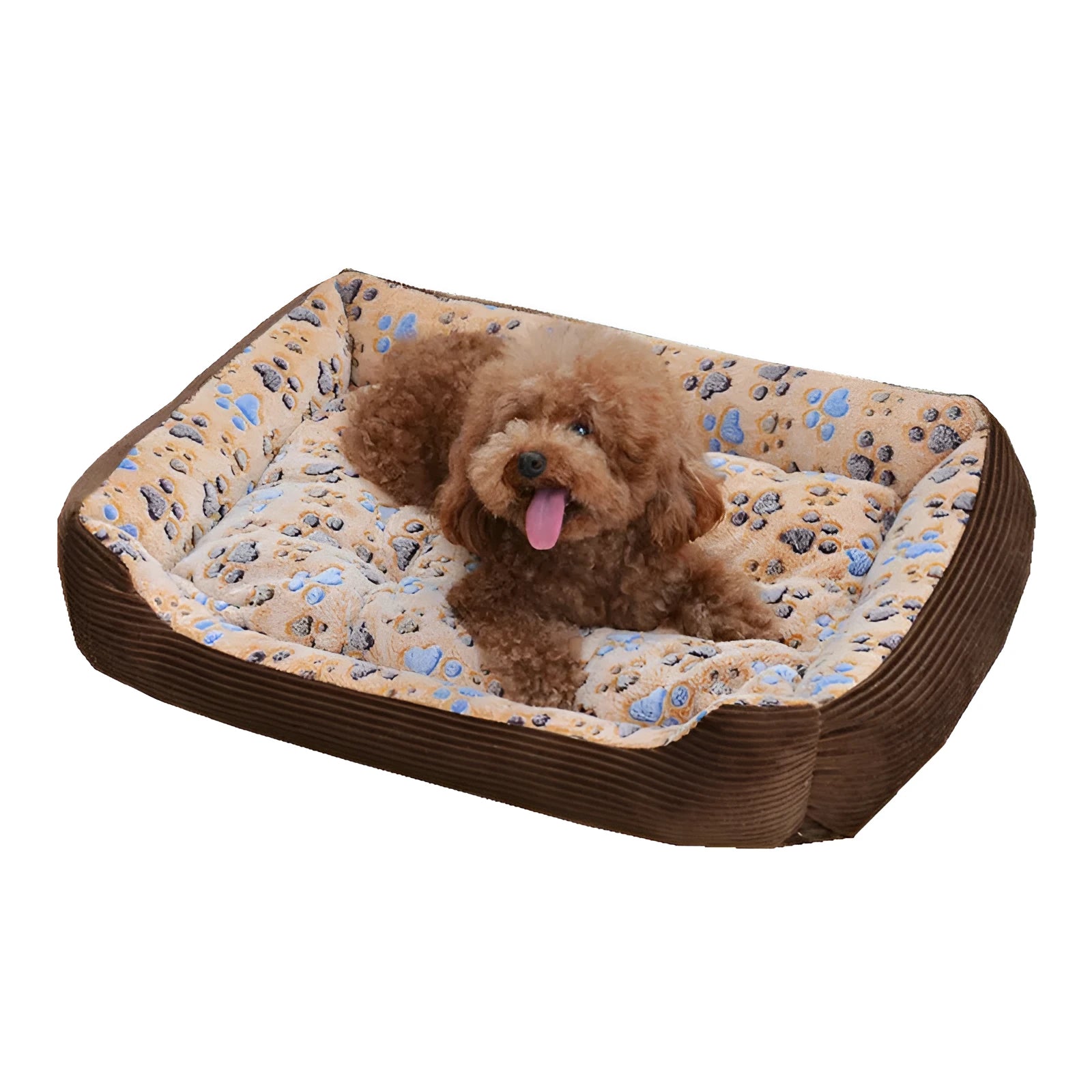 Beige plush pet bed with raised sides in kennel design for small dogs and cats