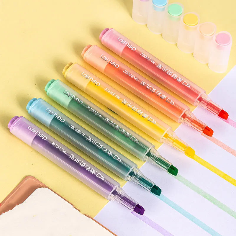 Deli S605 oblique head highlighter marker pen in soft colours with solid and transparent pen holder options