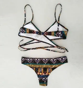 Women's ethnic print bikini with chest cross straps and removable pads in picture colour