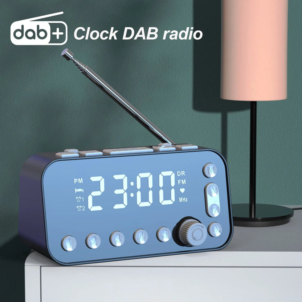 Black DAB digital radio bedside alarm clock with large LED display and USB charging ports