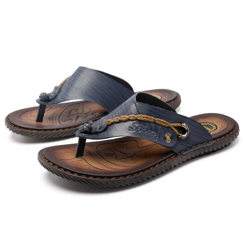 Men's dark blue herringbone-pattern outdoor slippers with leather lining and rubber sole