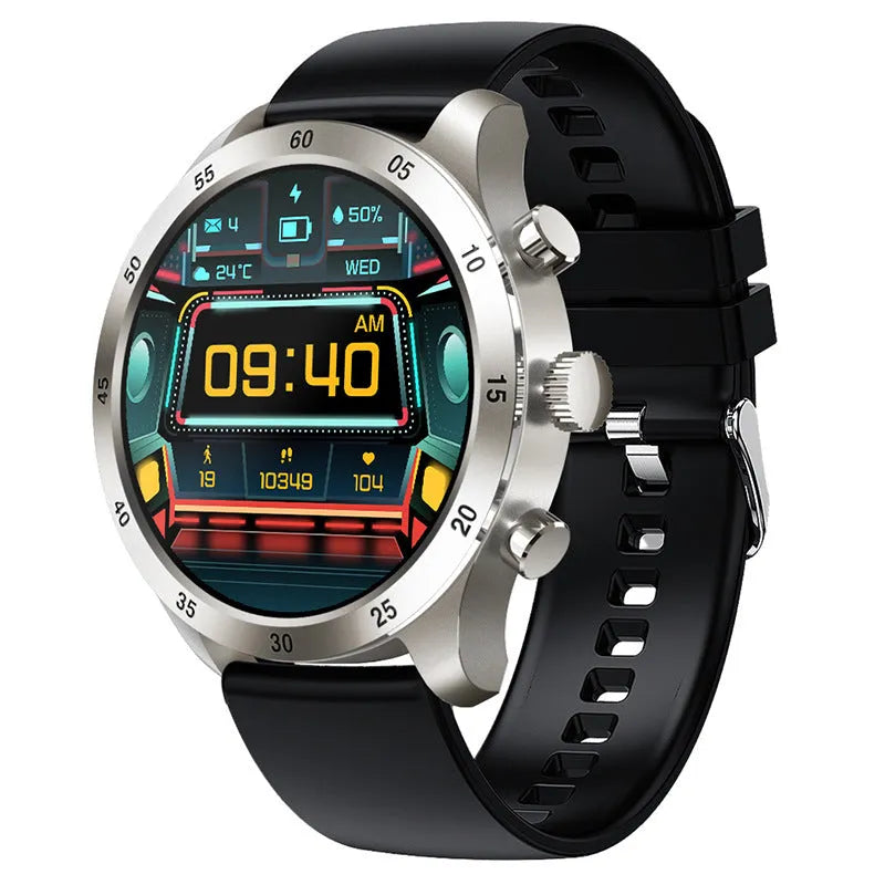 Black Bluetooth smart watch for Apple iOS with a steel strap, showing call and health monitoring functions on its display.