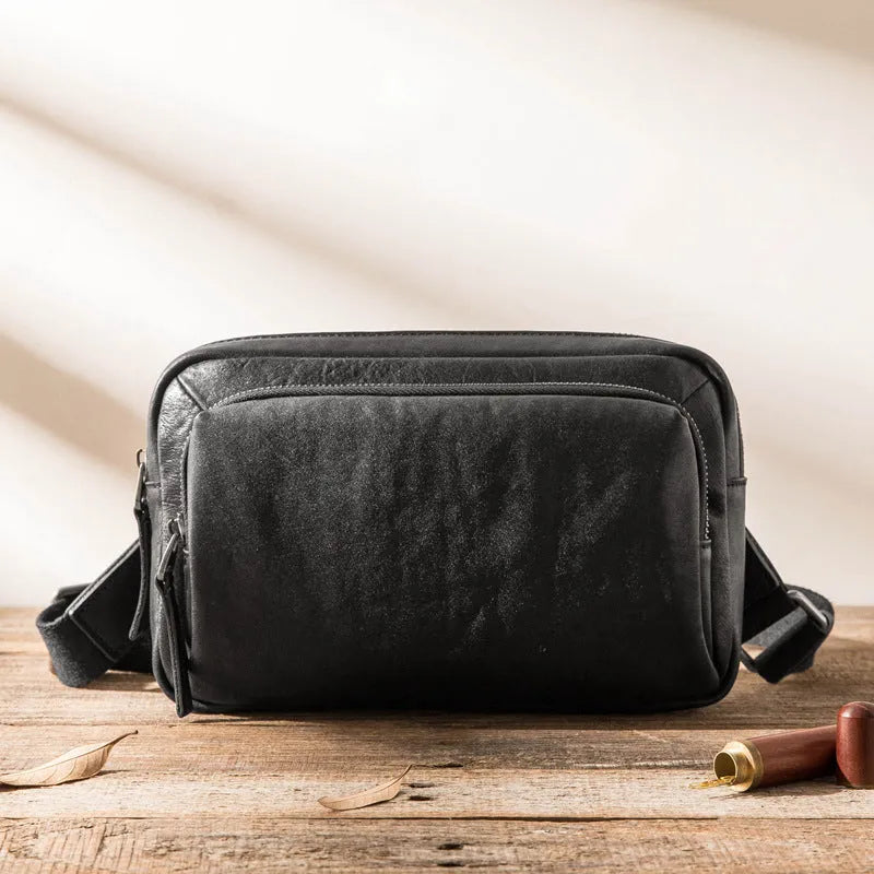 Black cowhide leather shoulder bag 8 inch with zipper closure and multiple pockets