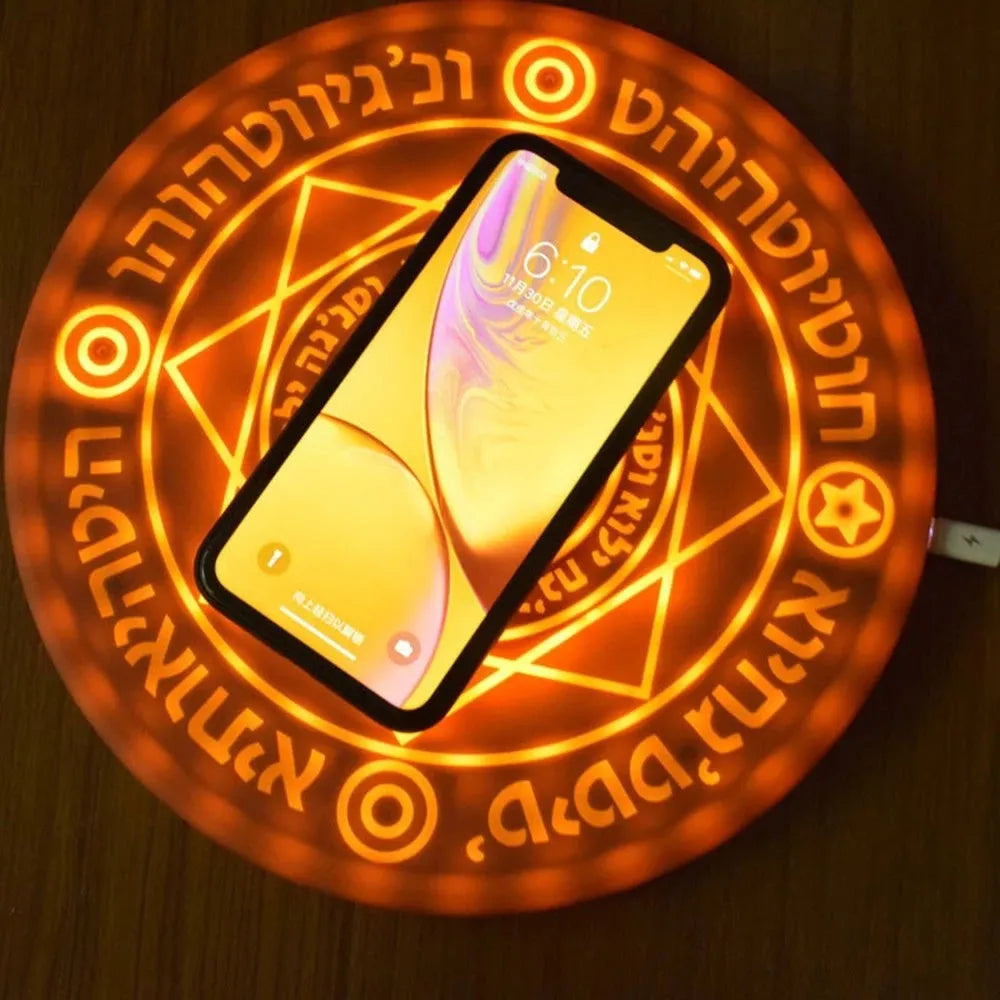 10W fast wireless charger with glowing magic array pattern on ultra-thin 25cm square base