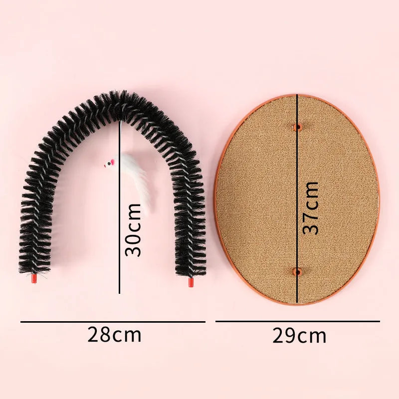 Black plastic arch-shaped cat grooming device with scratching cloth and attached mouse toy