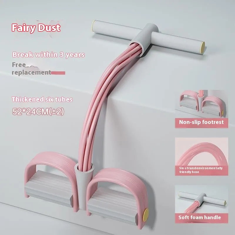 Purple household waist slimming pedal pulling rope tension device for home workouts on a floor.