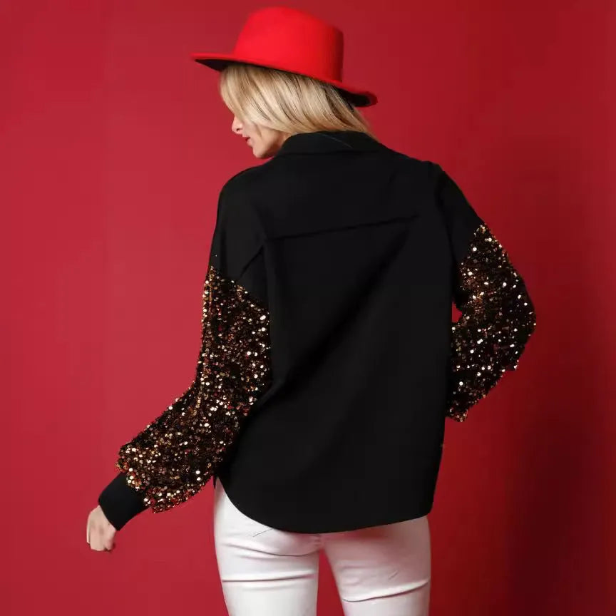 Women's black long-sleeved button fleece shirt with Santa Claus pattern and sequined sleeves on both sleeves
