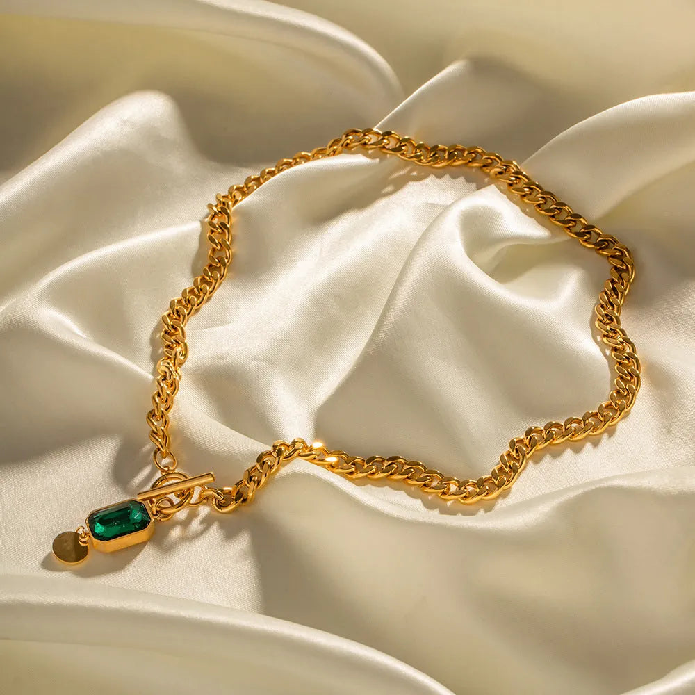 French retro style necklace with geometric zircon pendant on gold electroplated titanium steel chain