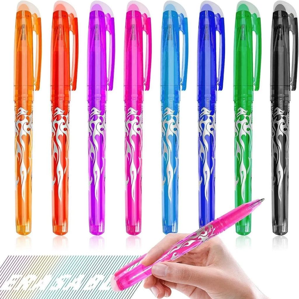 Heat-erasable gel pen set with multiple colours showing plastic shell and stainless steel nib options.