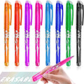 Heat-erasable gel pen set with multiple colours showing plastic shell and stainless steel nib options.