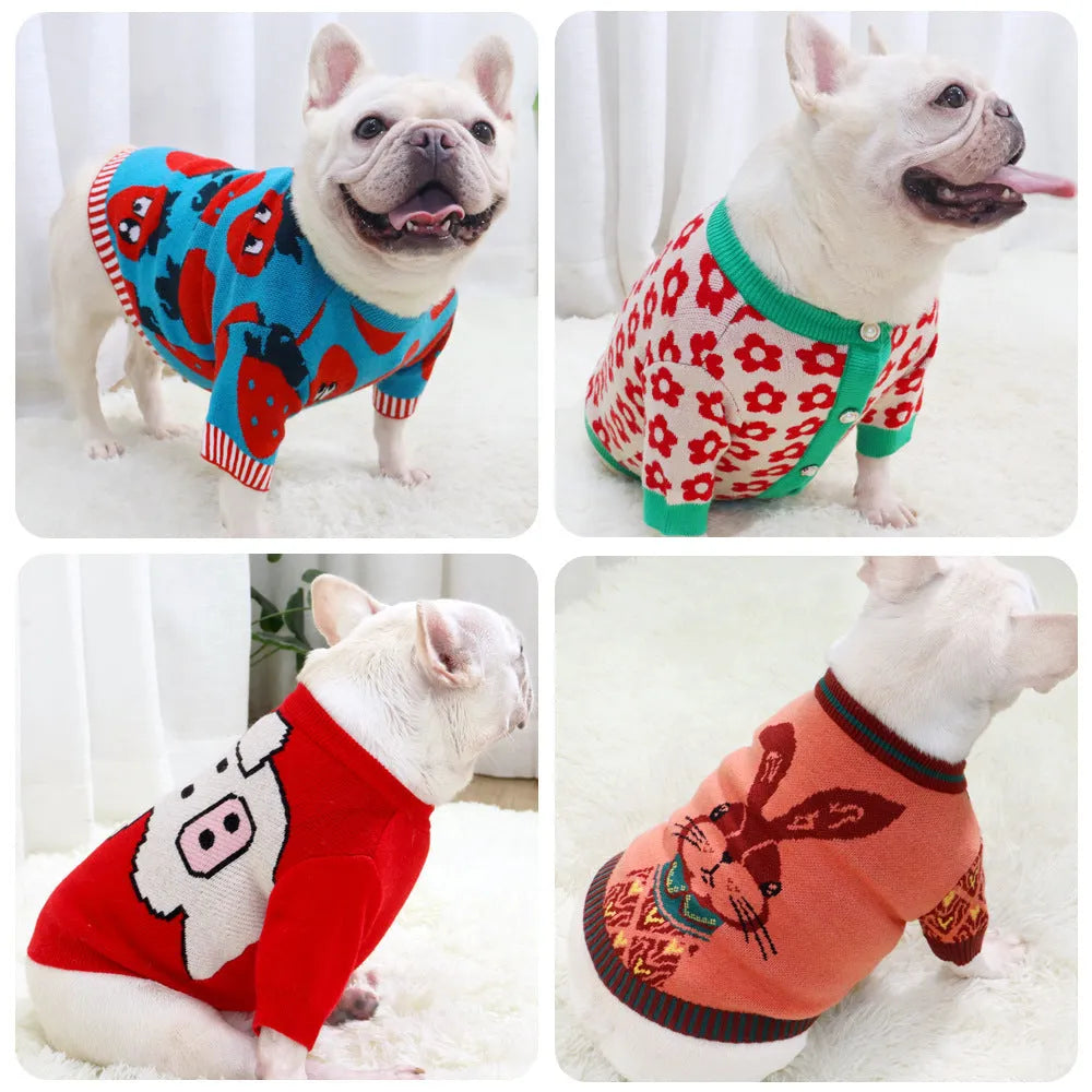 Cartoon design wool dog sweater with button front in rabbit, pig, strawberry, or flower patterns
