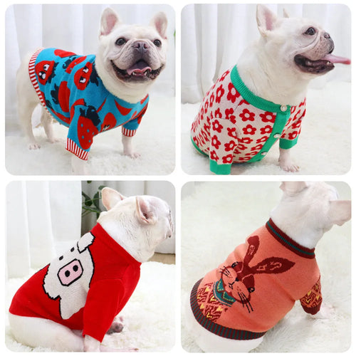 Cartoon design wool dog sweater with button front in rabbit, pig, strawberry, or flower patterns