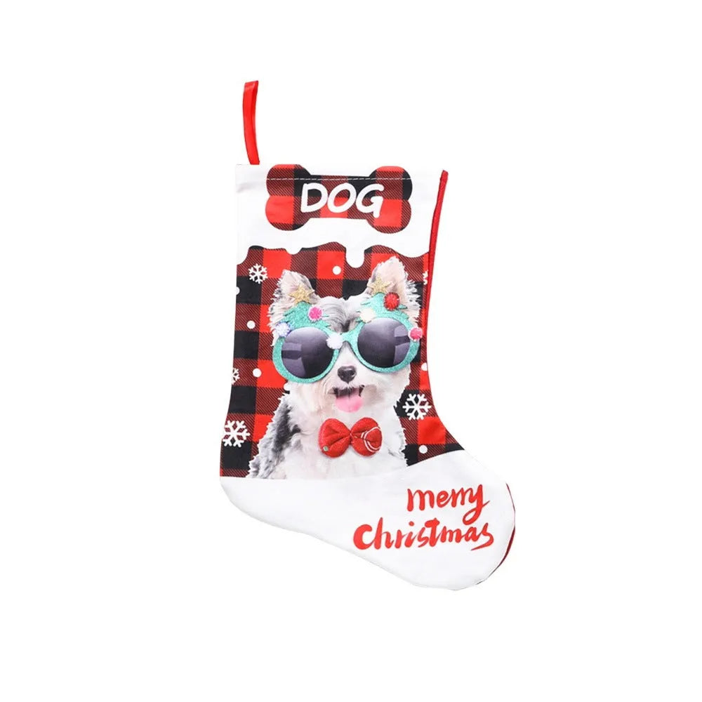 26x36cm printed cloth Christmas banner with puppy and cat designs in plaid patterns