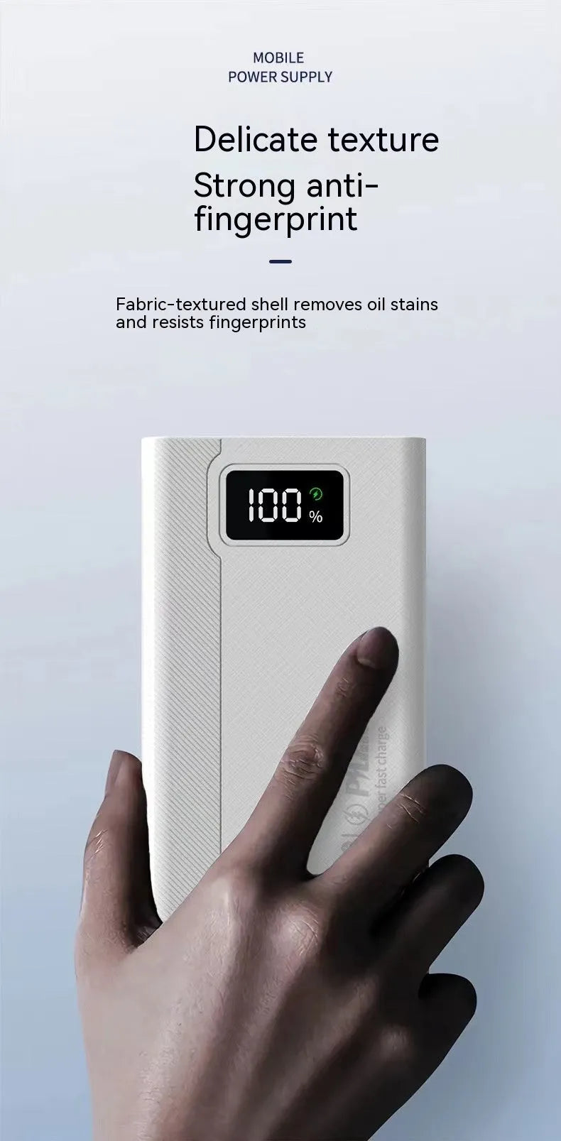 Large capacity power bank in black or white colour with plastic shell, showing front view with dimensions