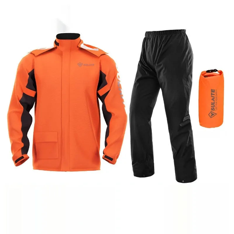 Motorcycle rain suit set with split raincoat, trousers, shoe covers and storage bag