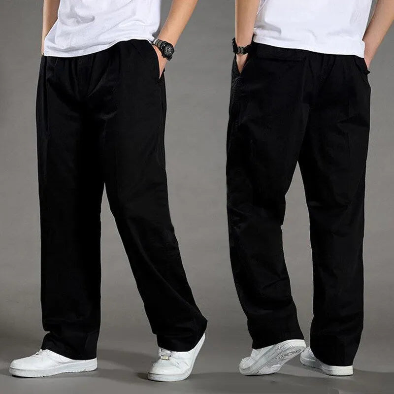 Men's cotton loose straight leg trousers in black, size M, five colours available