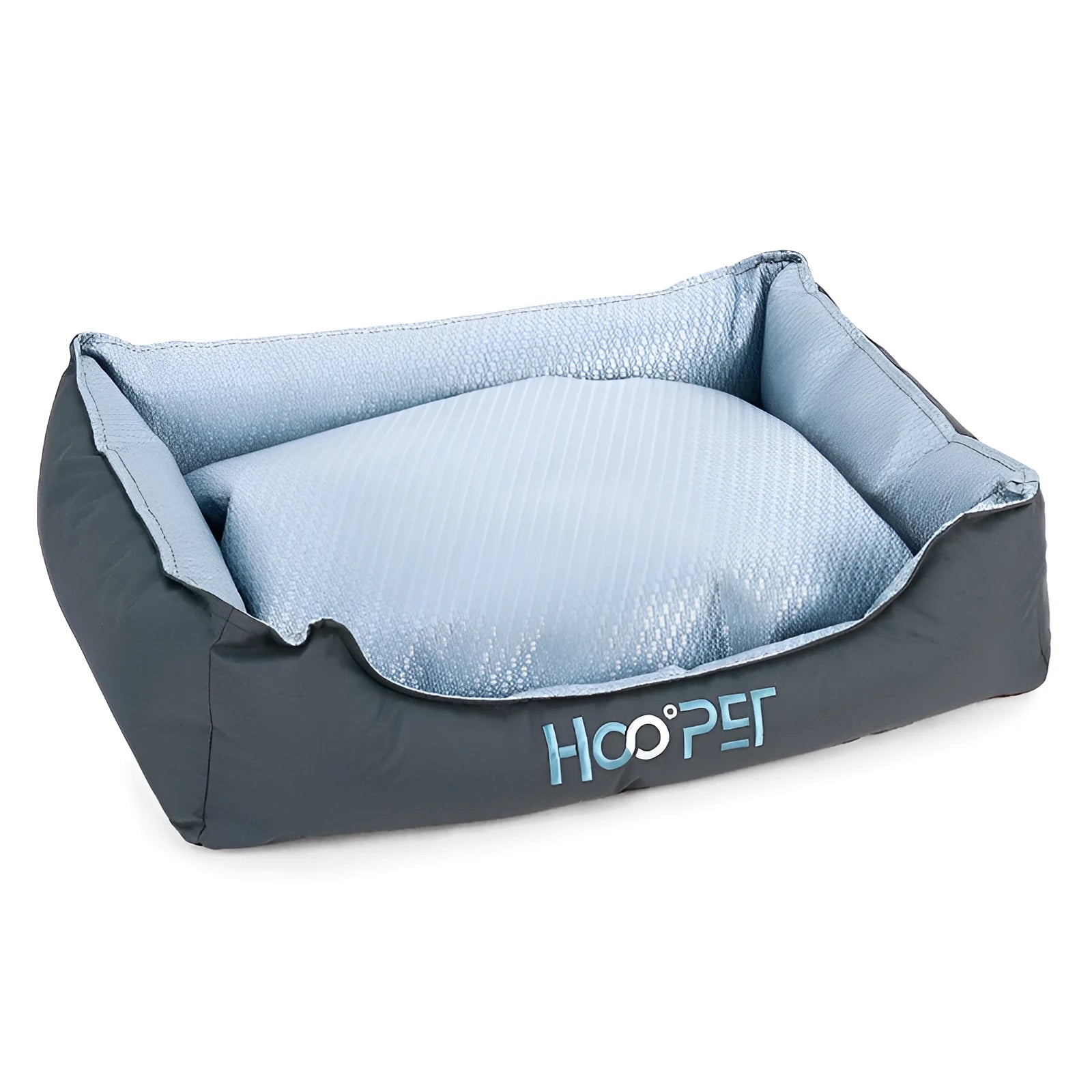 Soft grey dog bed with raised sides and a removable cover, shown in medium size.