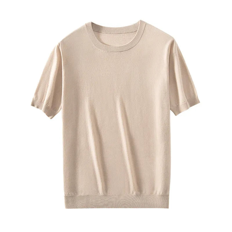 Men's loose-fit knitted casual short sleeve shirt in a choice of eight colours including black, blue, and grey.