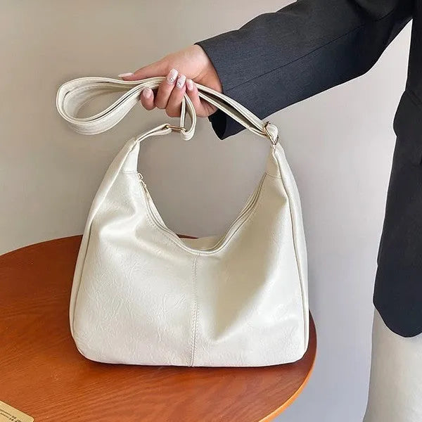 Retro fashion large capacity women's crossbody shoulder bag in white PU leather with horizontal square shape