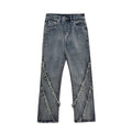 Men's blue denim punk loose straight trousers flat lay