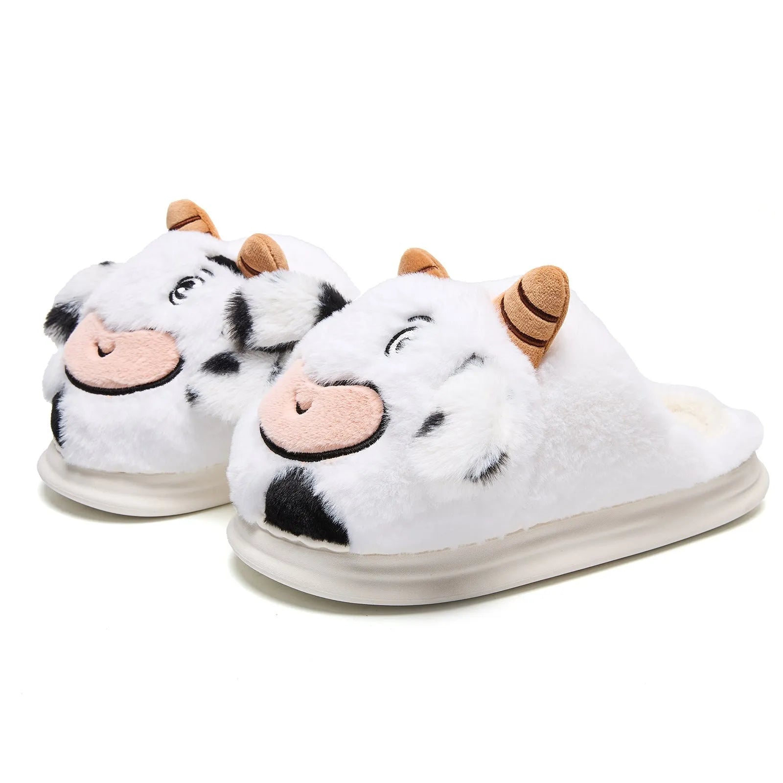 White indoor platform warm cartoon cow fluffy slippers with plush upper and flat PVC sole