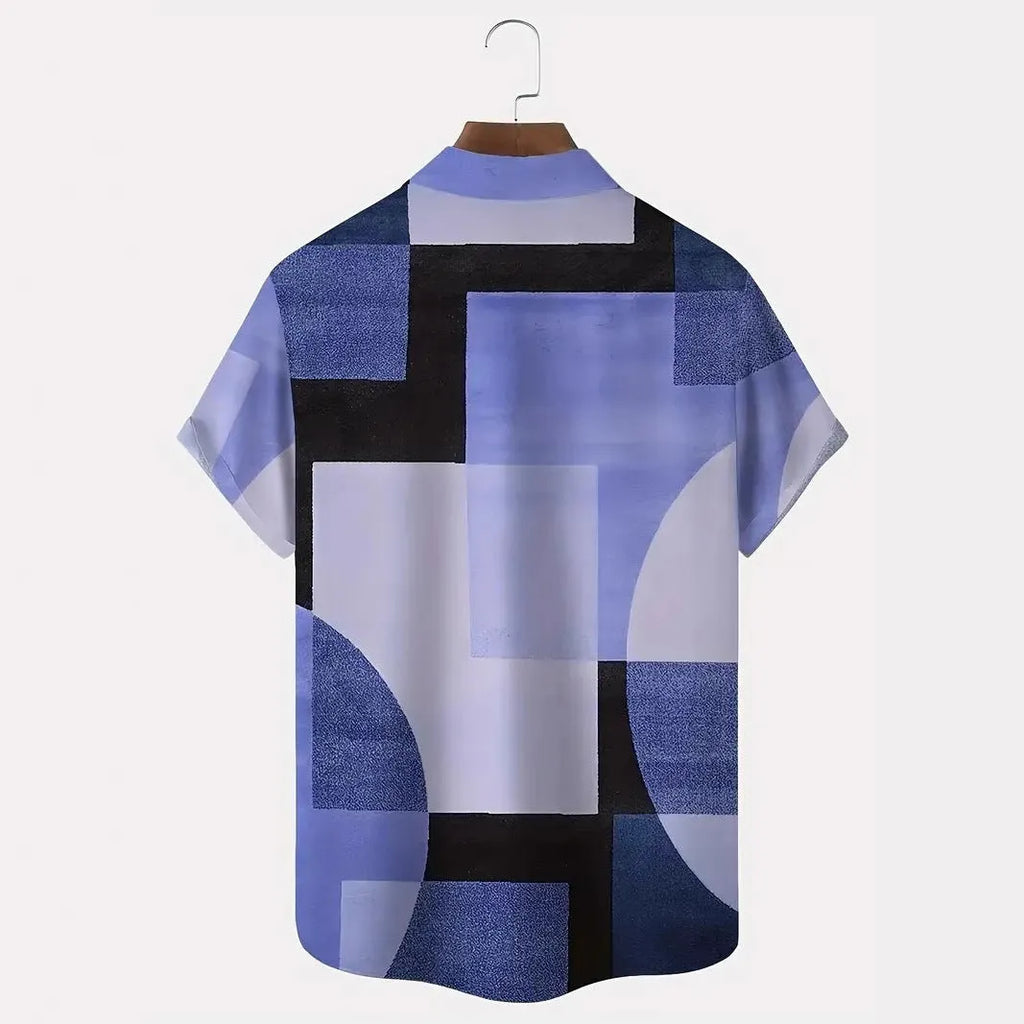 Men's loose fit cardigan shirt with retro geometric 3D printed squares in contrast colours