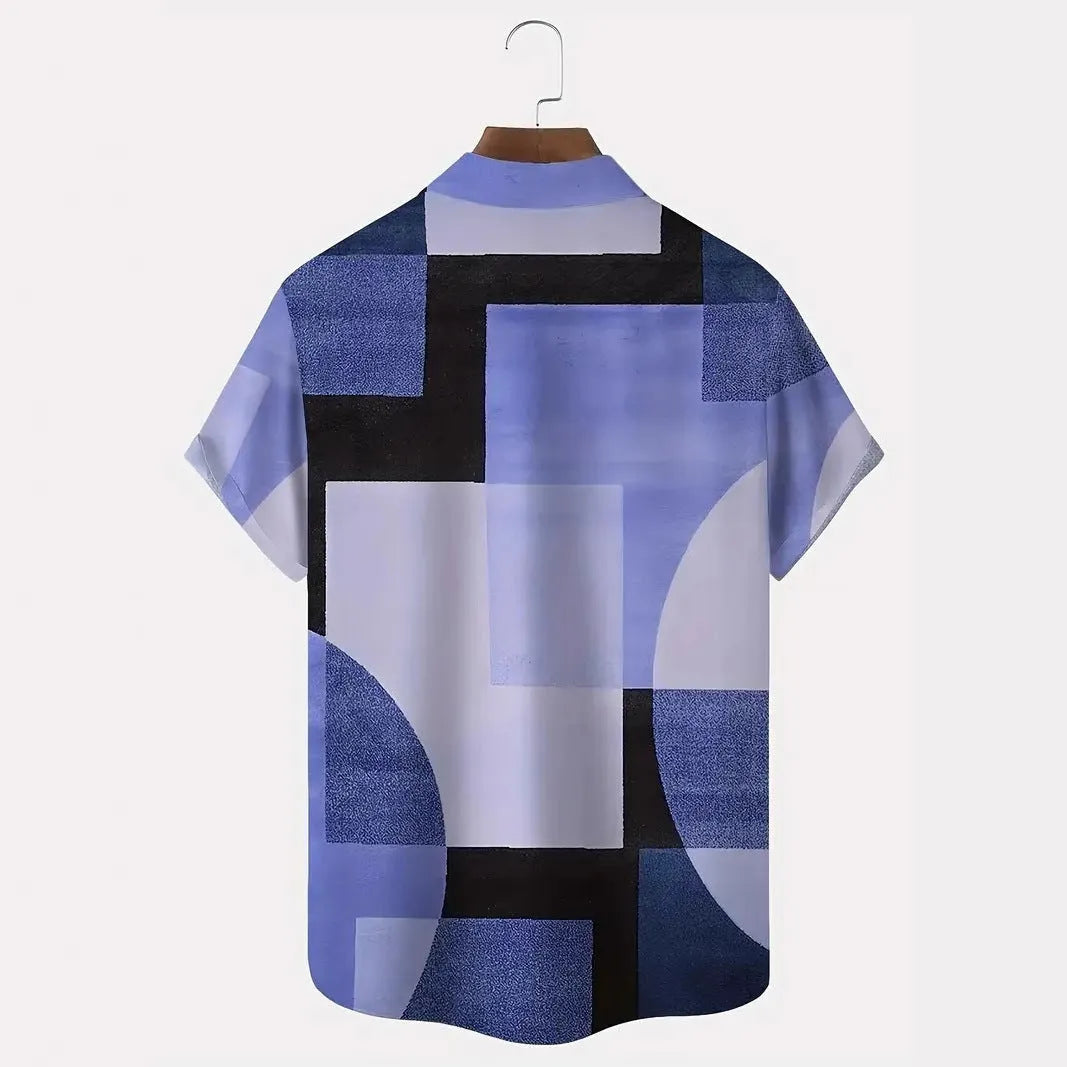 Men's loose fit cardigan shirt with retro geometric 3D printed squares in contrast colours