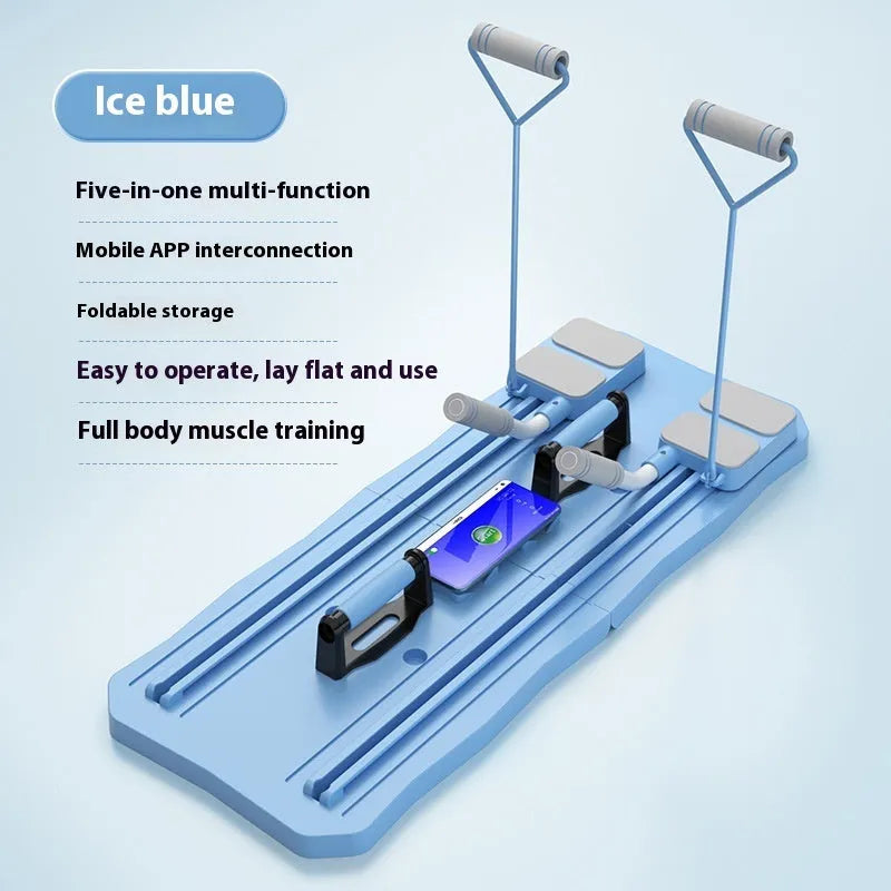 Blue and pink five-in-one fitness board with abdominal wheel for home workouts