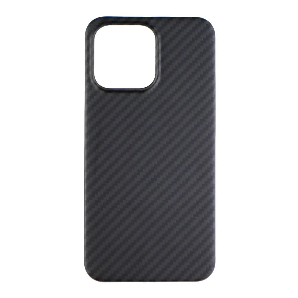 Matte black Kevlar fibre protective case for iPhone showing stripe detail and precise model fit