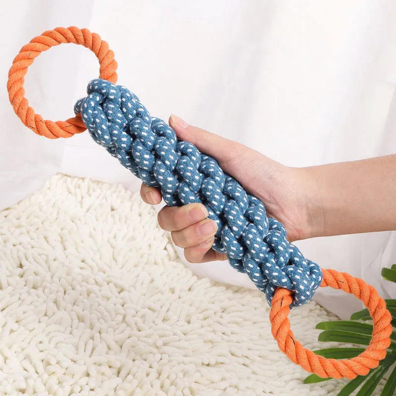 Blue double-ring braided cotton rope dog chew toy showing knot details and size against white background