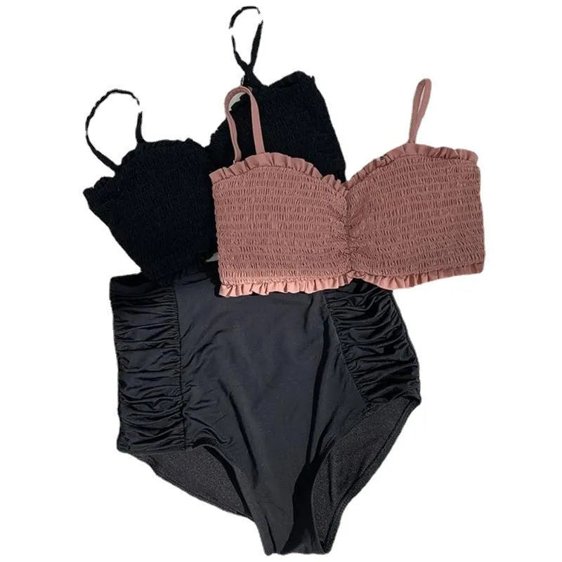 Women's retro high waist split bikini set in cameo brown colour with polyester fabric construction