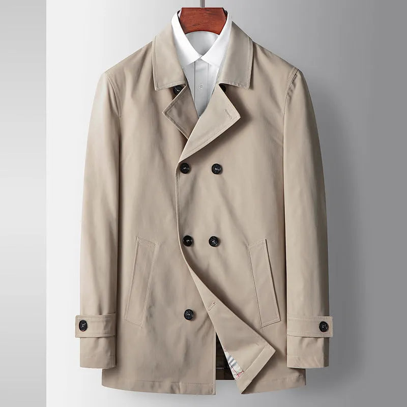 Men's light luxury double-breasted trench coat in blue, slim fit, lapel collar for casual wear