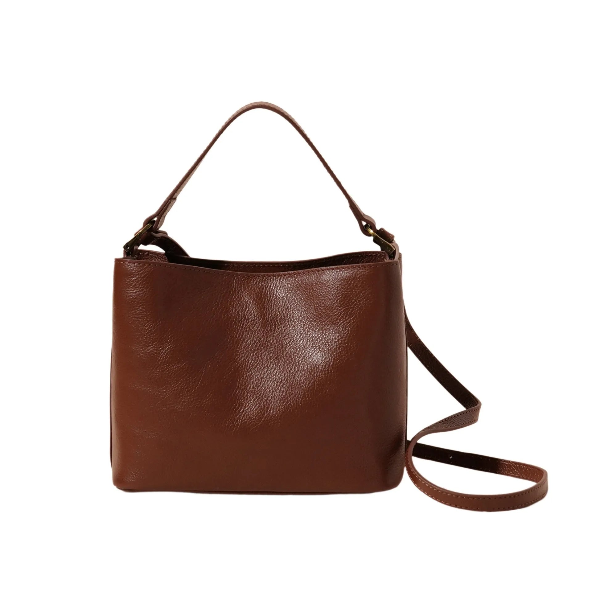 Sugar brown genuine cowhide leather women's vintage shoulder handbag showing square shape and single strap.