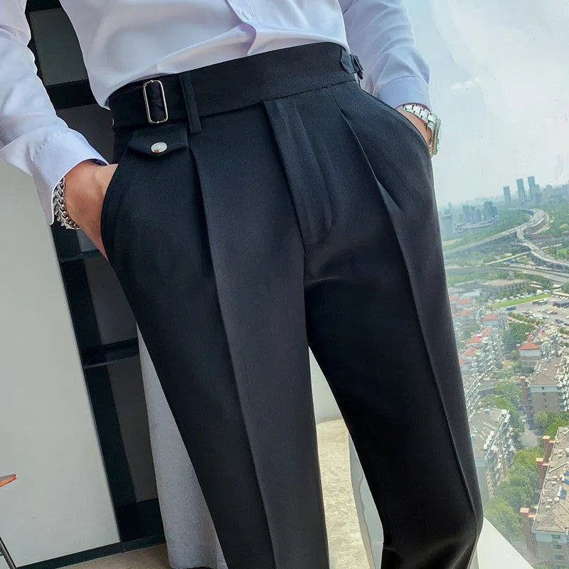 Men's straight-leg casual trousers in solid colours including black, gray, and khaki.