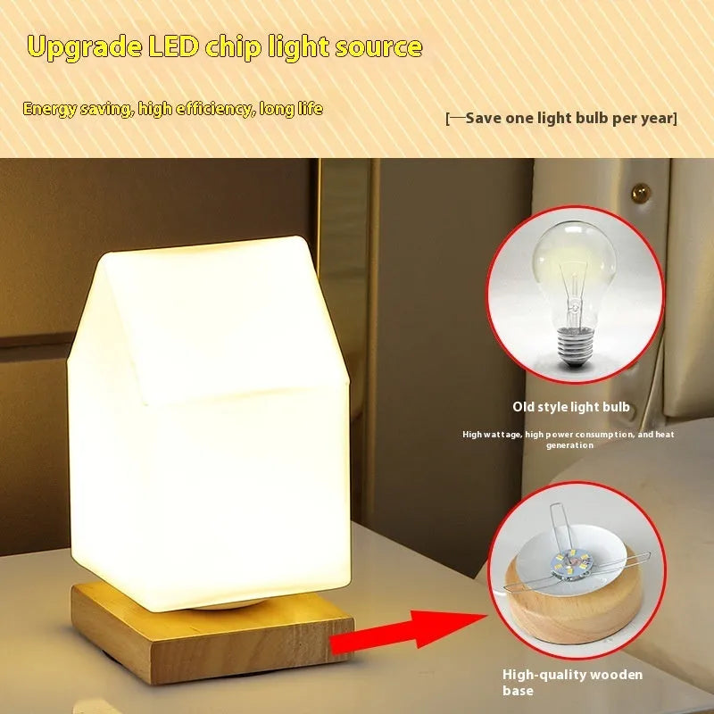 Nordic style wooden USB table lamp with flower-shaped base and cylindrical lamp head
