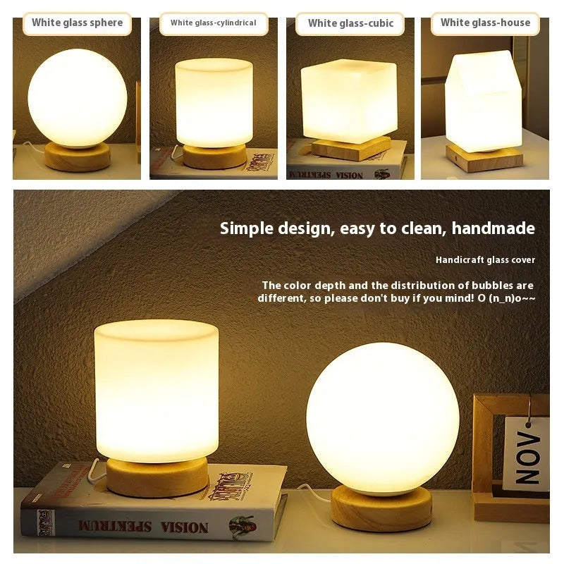 Nordic style wooden USB table lamp with flower-shaped base and cylindrical lamp head