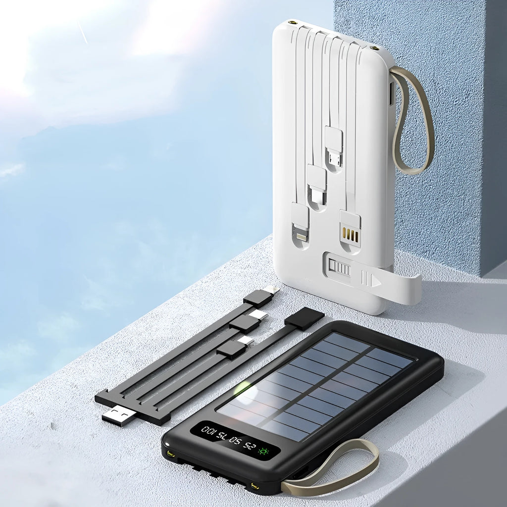 Solar power bank in black or white with polymer lithium ion battery showing capacity options of 20000mA or 30000mA