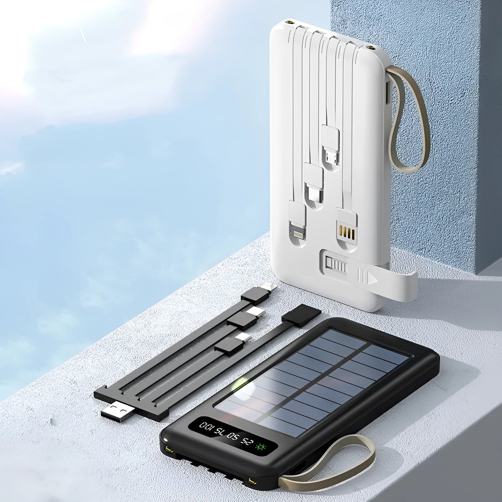 Solar power bank in black or white with polymer lithium ion battery showing capacity options of 20000mA or 30000mA