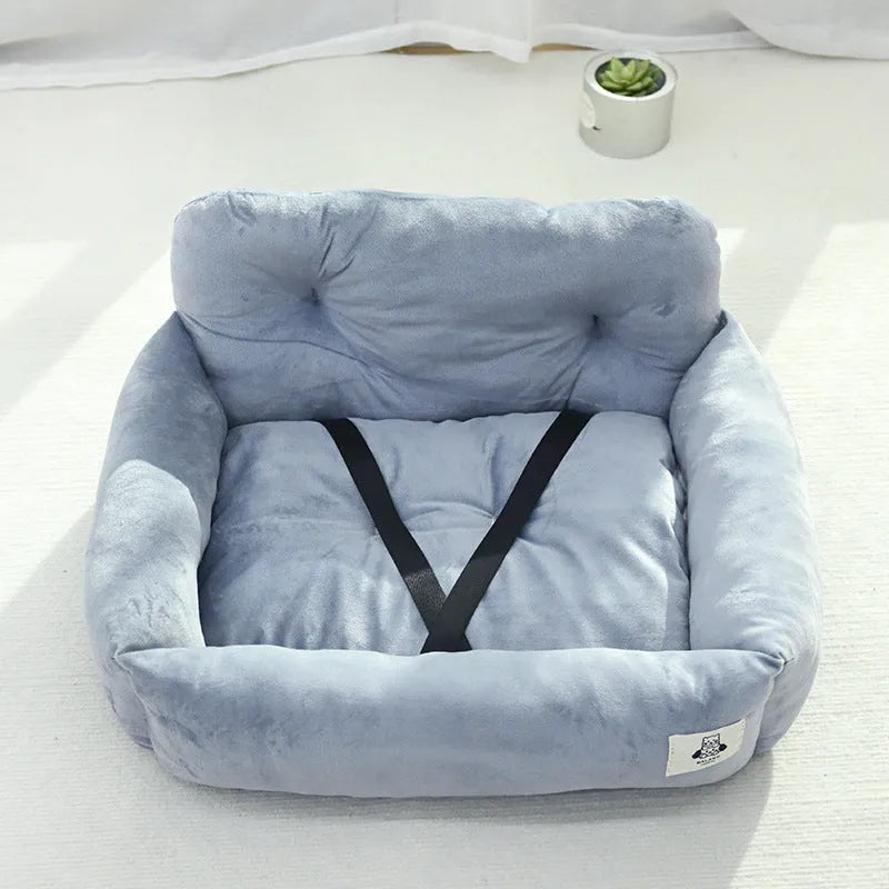 Grey and blue plaid cloth dog carrier baskets designed for mounting in a car, shown in small and large sizes.