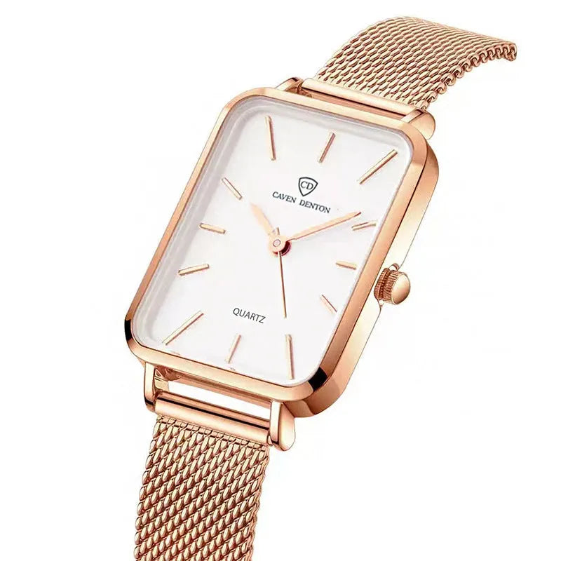 Women's waterproof quartz watch with 34mm alloy case and woven steel strap in rose gold or silver