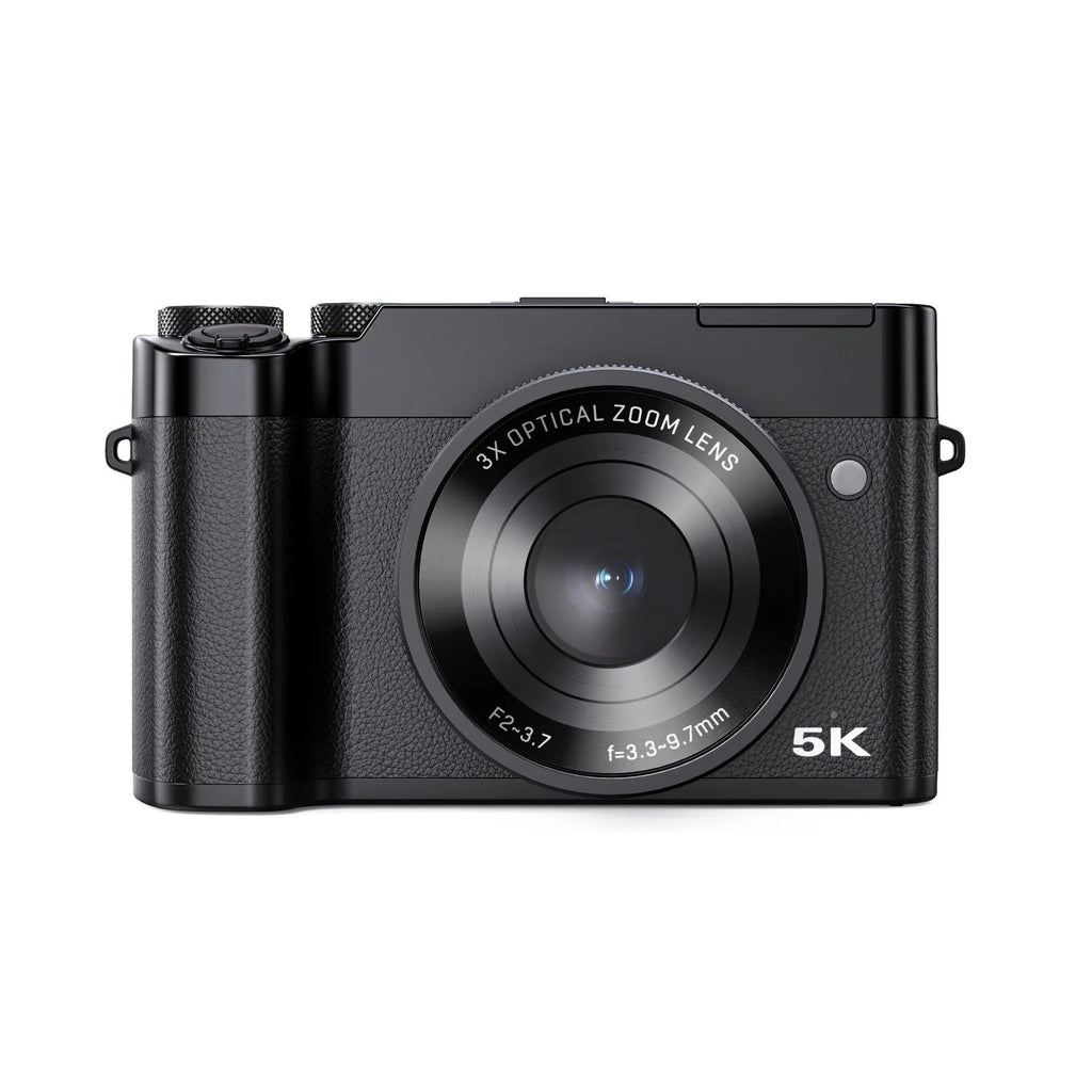 Selfie 5K HD digital optical zoom camera in black with lens and screen