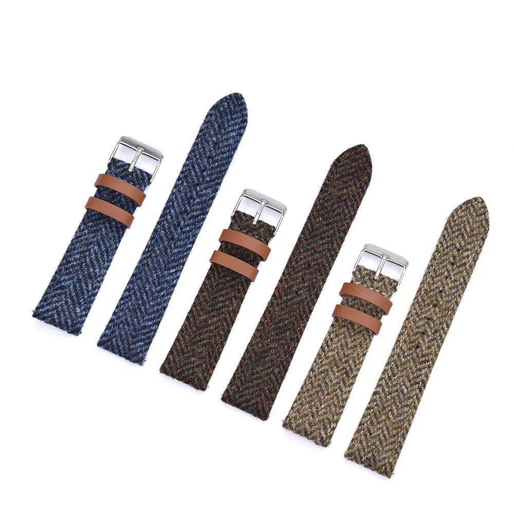 Harris woolen fabric watch strap with 304 stainless steel buckle in brown, 20mm width