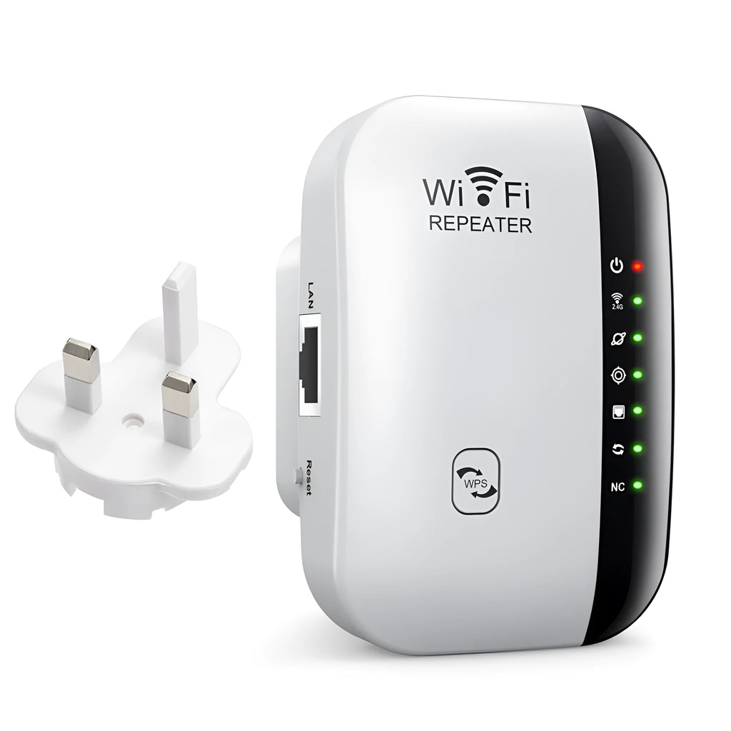 Wireless network extender unit in Black Third Generation with two antennae and plug for UK socket, on white background