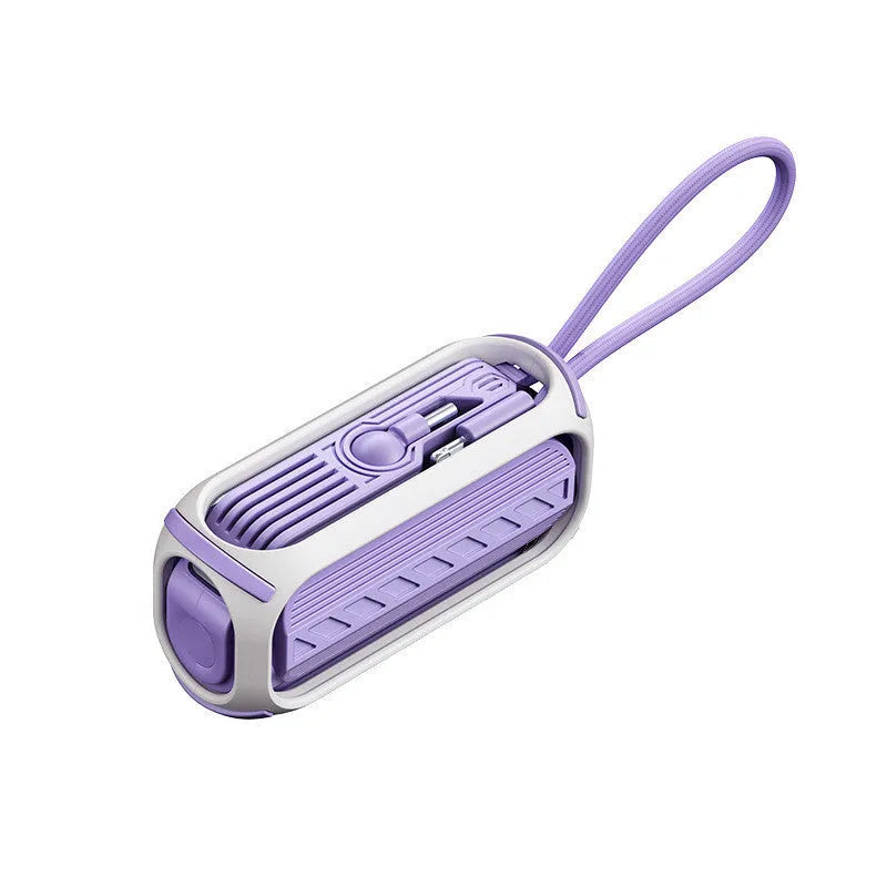 Capsule 20W 5000mAh mini power bank with folding bracket and built-in Type-C and Lightning cables in grey
