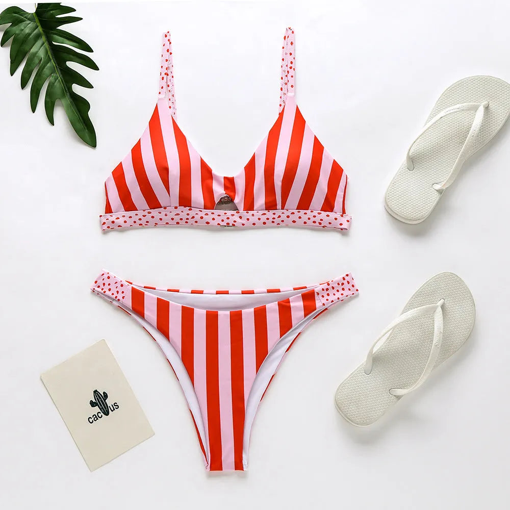Women's bikini swimsuit in black and white dot or red and white stripe pattern.